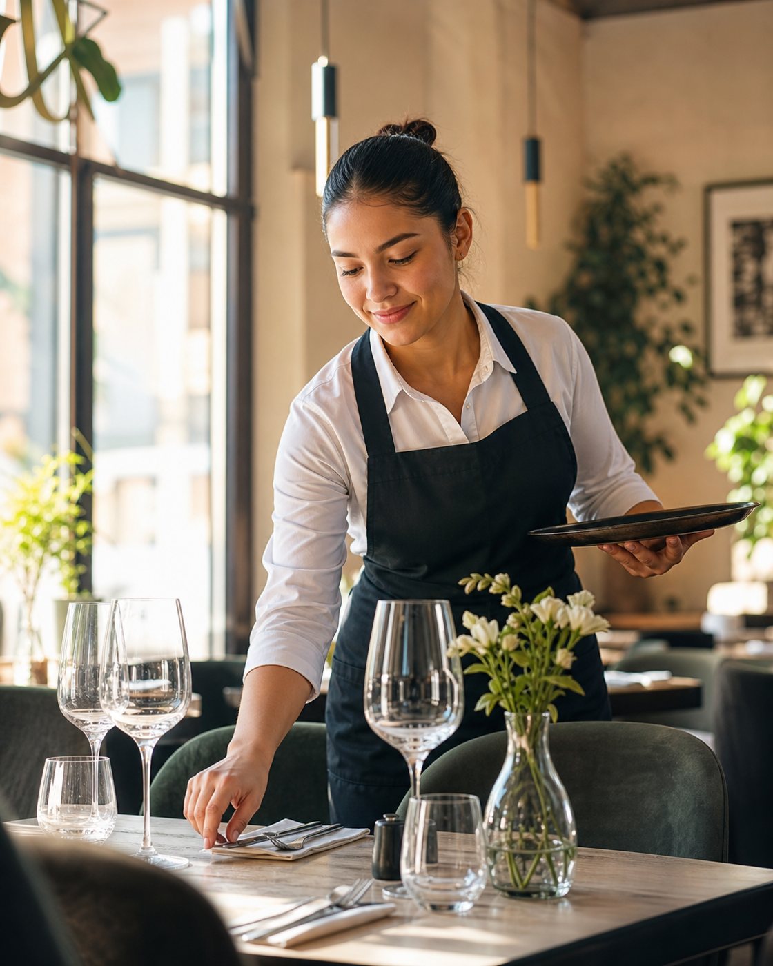 Estudiante preparando una mesa de restaurante